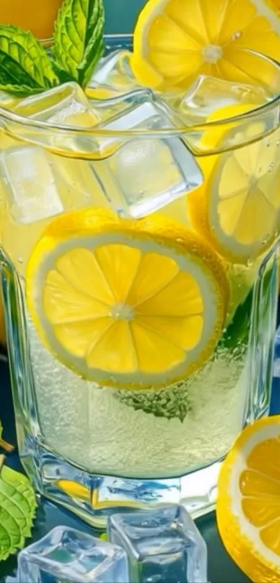 Glass of lemon drink with ice and mint leaves.