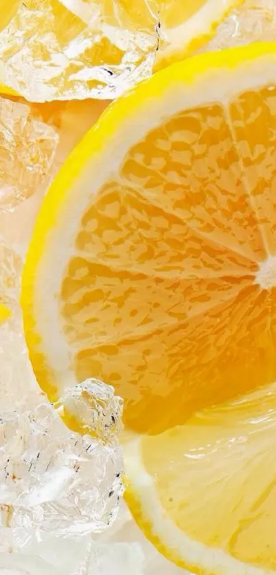 Slices of lemon with ice cubes in a vibrant yellow background.