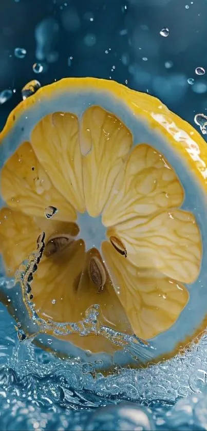 Lemon slice splashing into fresh water with droplets around.