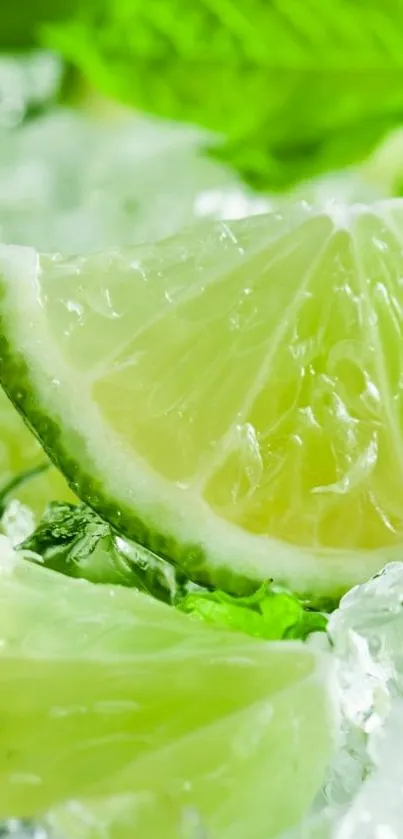 Close-up of lime slices with ice and mint leaves.