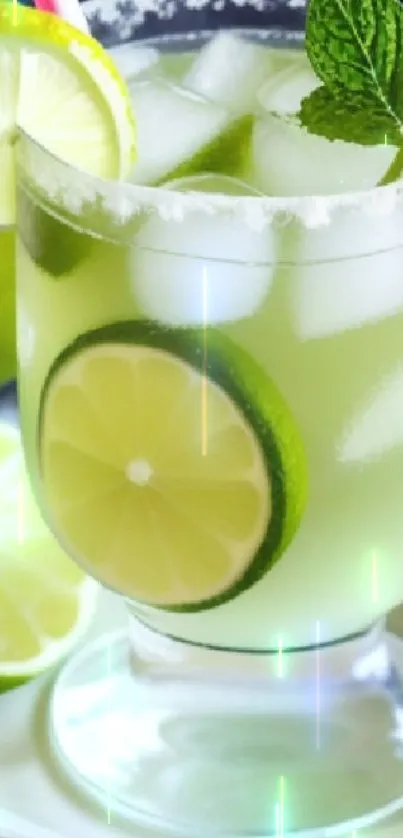 A refreshing lime cocktail with mint and ice, set against a colorful backdrop.