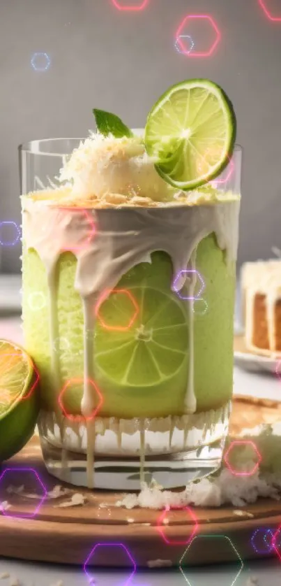 Tropical lime and coconut drink with fresh toppings.