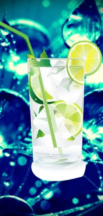 Refreshing lime drink with ice cubes on a vibrant teal background.