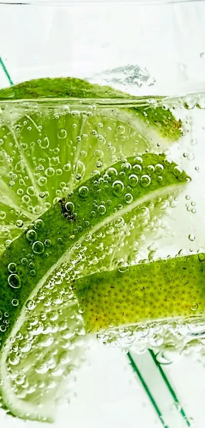 Glass of sparkling water with lime slices, vibrant and refreshing.