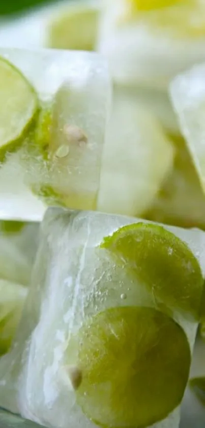 Green lime slices inside ice cubes on display.