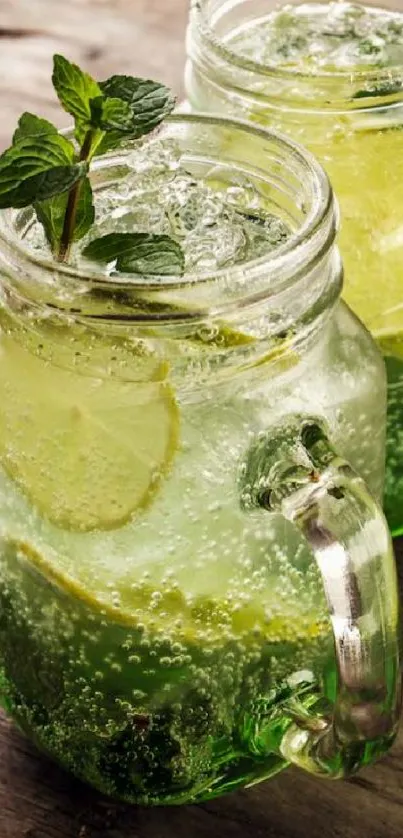 Refreshing mojito drink with lime slices and mint leaves.