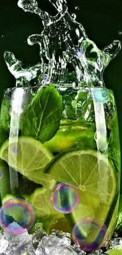 Vibrant lime and mint drink with ice cubes and bubbles.