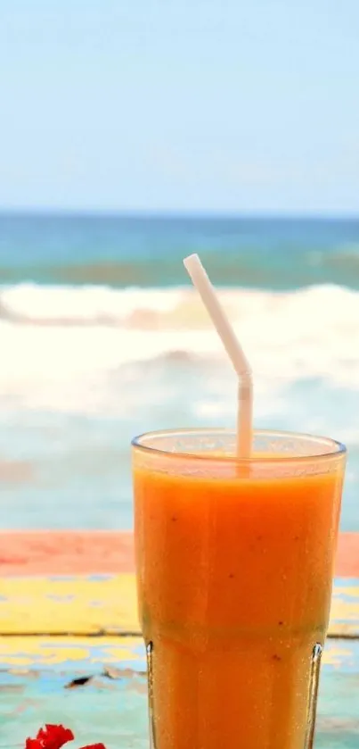 A vibrant mango smoothie on a tropical beach backdrop.