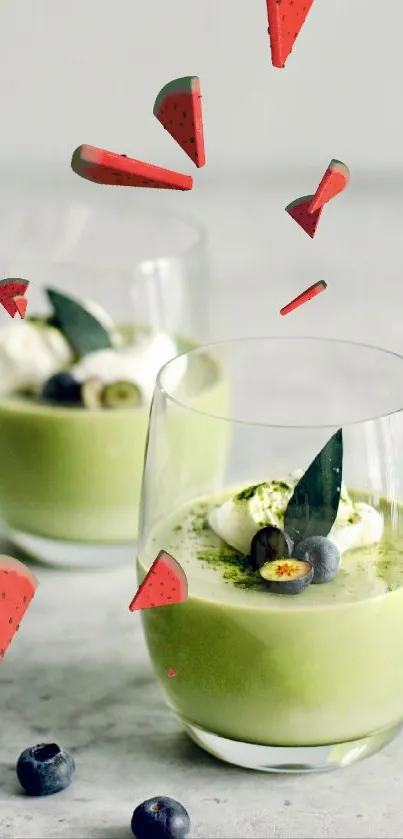 Matcha dessert with blueberries in glass cups.
