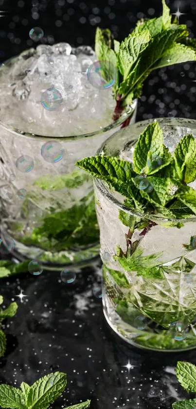 Close-up of mint cocktail with ice and mint leaves.