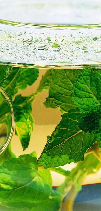 A clear teapot filled with fresh mint leaves and tea, radiating calming greenery.