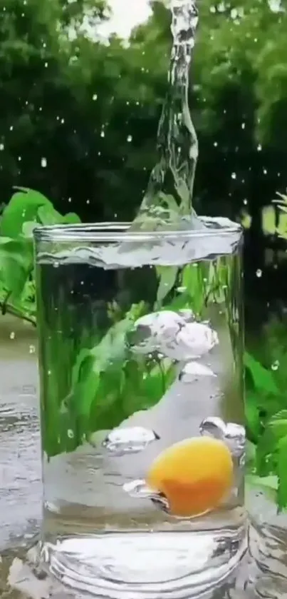 Splash of water in a glass against a leafy green background.