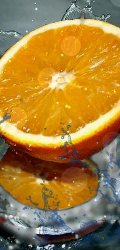 Orange slice with blue water splash, vibrant and fresh design.