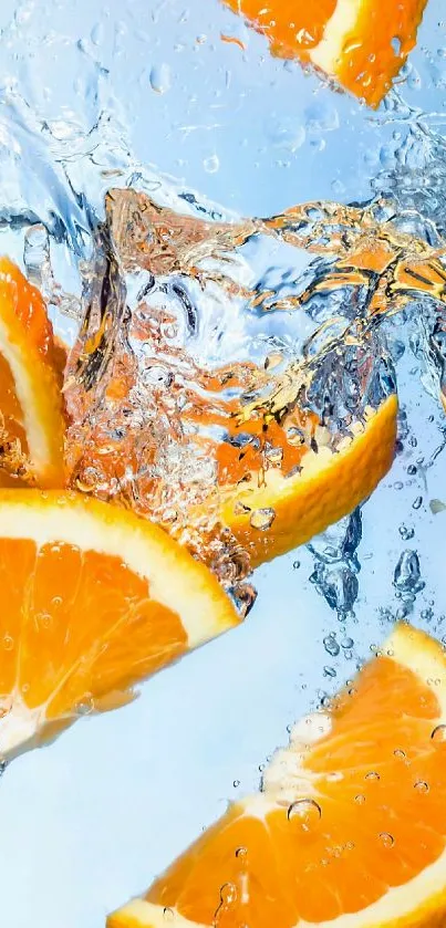 Orange slices splashing in water with vibrant colors for a fresh mobile wallpaper.