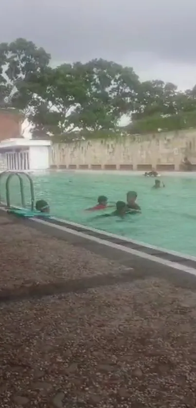 Outdoor swimming pool with lush trees in the background.