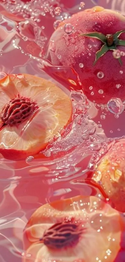 Floating peaches in water with bubbles