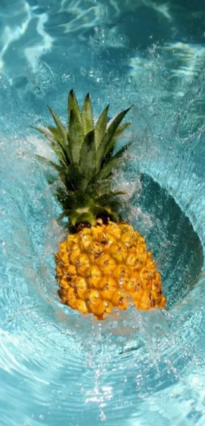 Vibrant pineapple splashing into clear blue water, creating a tropical effect.