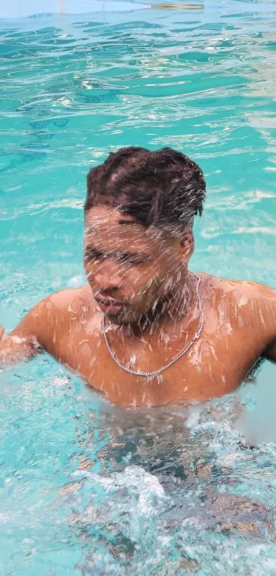 Man enjoying a refreshing dive in a turquoise pool scene, perfect for summer vibes.