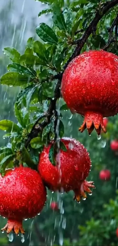 Vibrant pomegranates on branch with raindrops, lush and radiant.