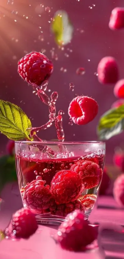 Vibrant raspberry splash with fresh leaves against a colorful backdrop.