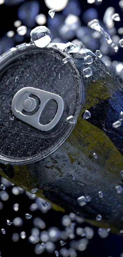 Soda can with splashing droplets on a dark background.