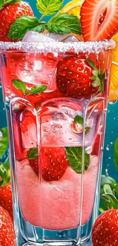 Colorful strawberry drink with citrus and mint in a glass.