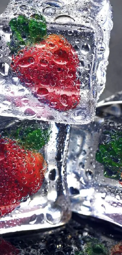 Close-up of strawberries in ice cubes, vibrant and detailed for backgrounds.