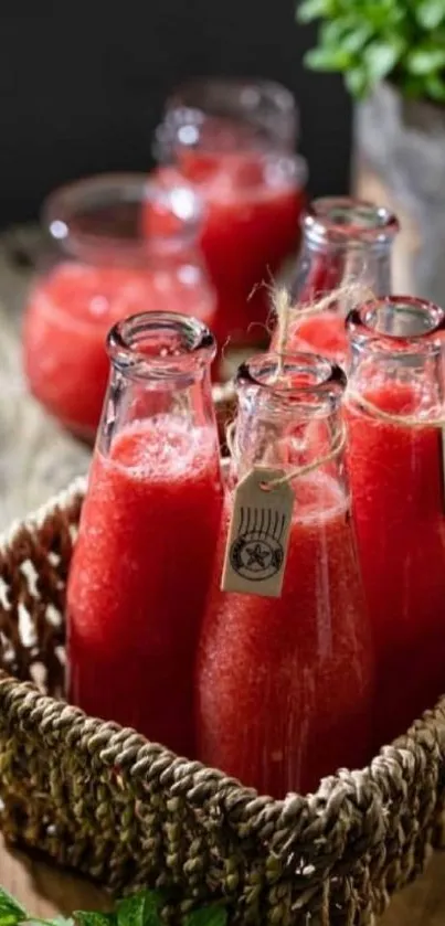 Rustic bottles of strawberry juice on display.