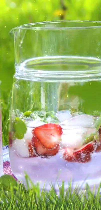 Strawberry lemonade in clear glass pitcher with strawberries and mint leaves on grass.