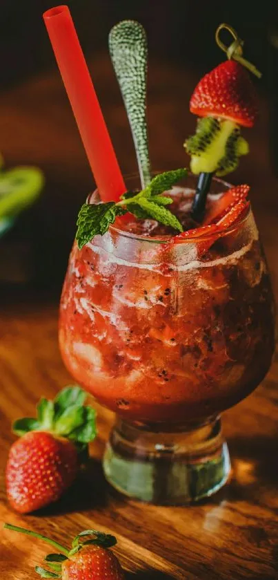 Vibrant strawberry mocktail with mint and kiwi garnish on a wooden table.