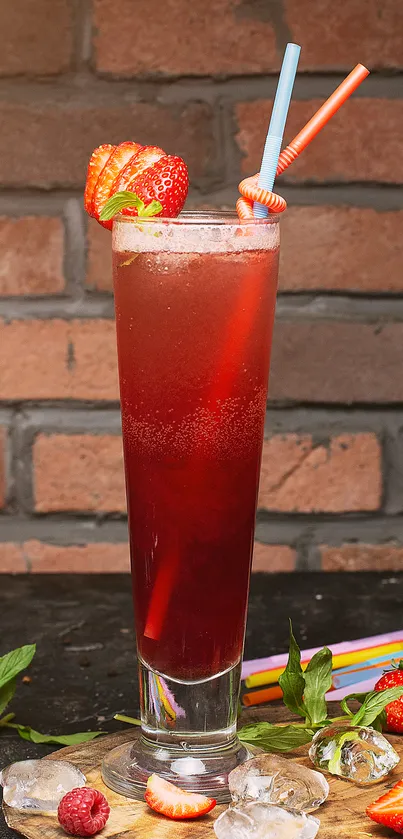 Tall red strawberry mocktail with berries and straws.