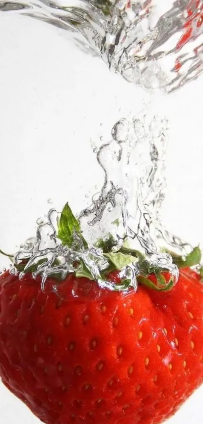 Strawberry in water with refreshing splash effect on mobile wallpaper.