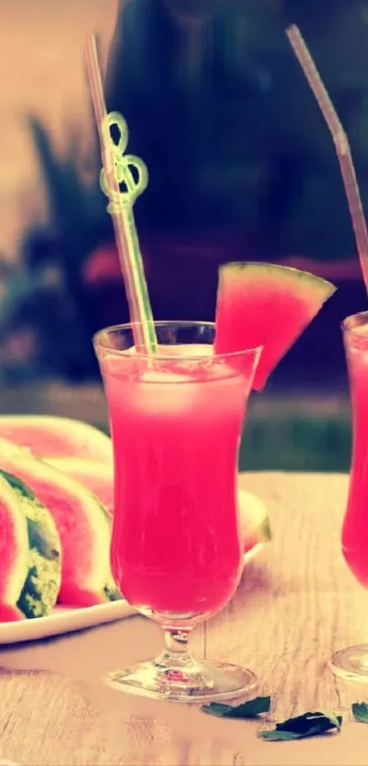 Vibrant summer drinks with watermelon and citrus on a wooden table.