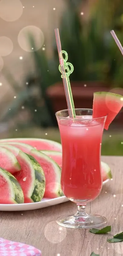 Refreshing watermelon drinks with lime slices on a garden table.