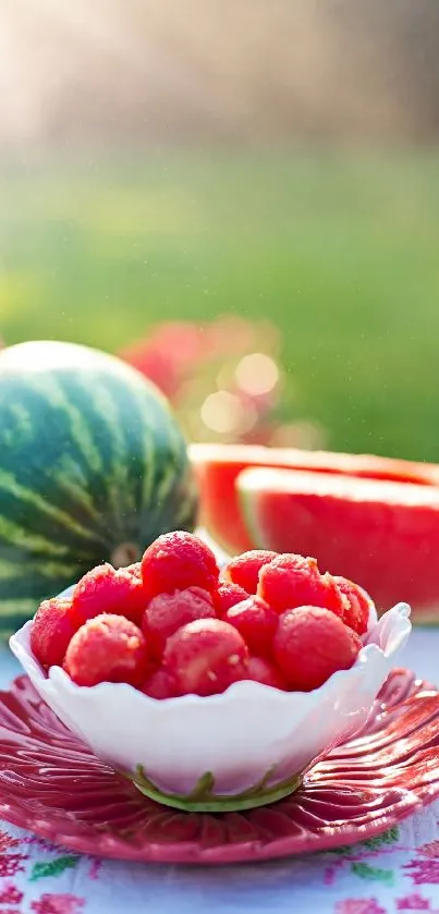 Bowl of raspberries and watermelon on a garden table.