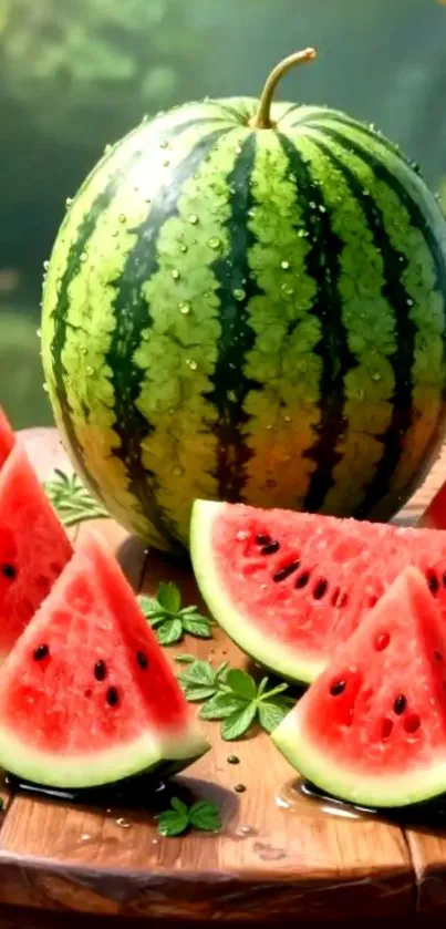 A vibrant watermelon with juicy slices on a rustic table.