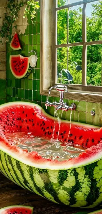 A watermelon-shaped bathtub in a green-tiled bathroom with natural light.