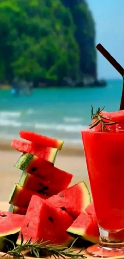 Red watermelon smoothie and slices on a beach, creating a tropical vibe.