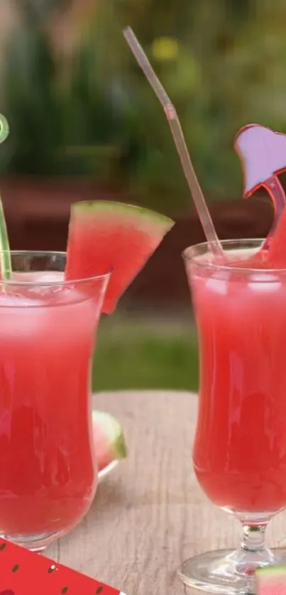 Two pinkish-red watermelon drinks with fruit slices and straws.