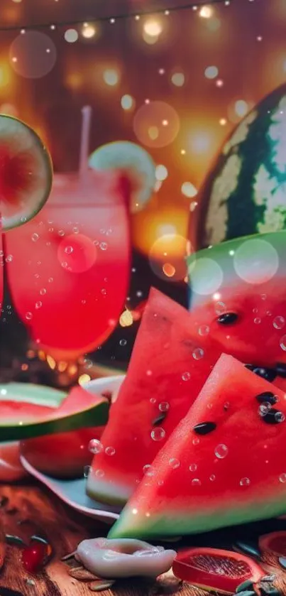 Watermelon slices with drinks and bokeh lighting.