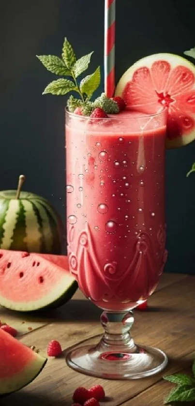 Watermelon smoothie with whole and sliced fruit, vibrant and refreshing.