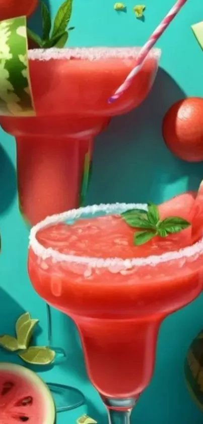 Colorful watermelon cocktails with mint garnish on aqua background.
