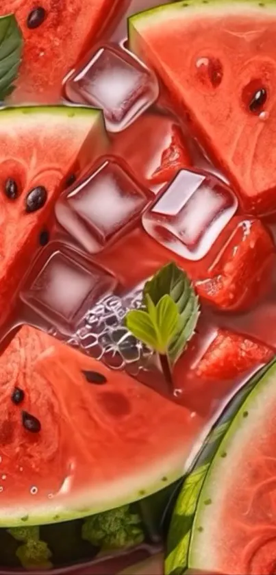 Juicy watermelon slices with ice cubes.