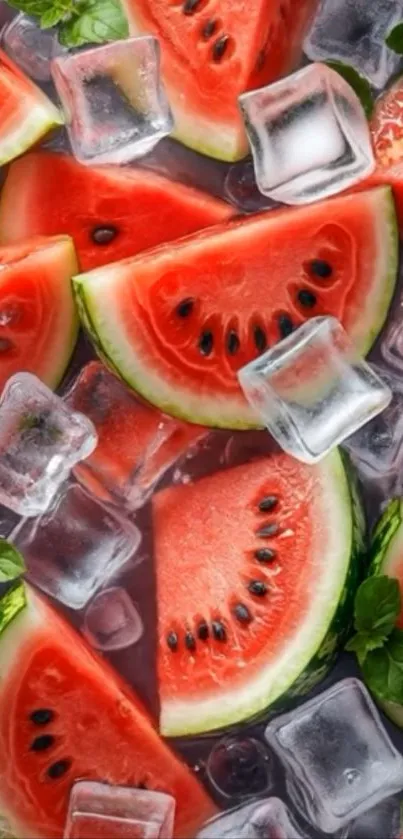 Juicy watermelon slices with ice cubes and mint leaves.