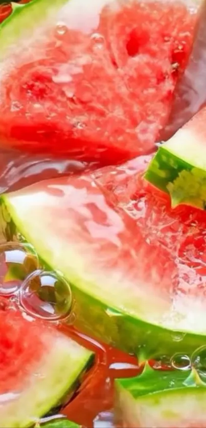 Close-up of vibrant watermelon slices in water.
