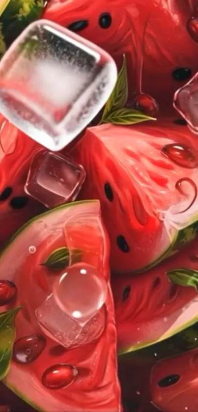 Vibrant watermelon slices with ice cubes on top