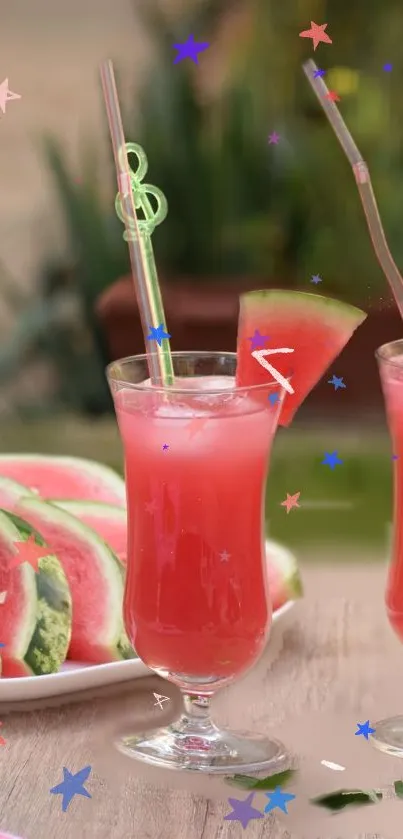 Refreshing watermelon drinks and slices on a sunny garden table.