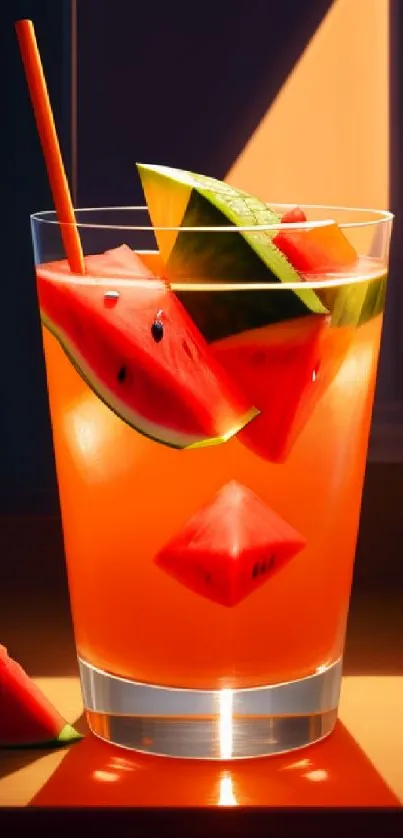 Bright watermelon drink in sunlight with juicy fruit slices in a glass.