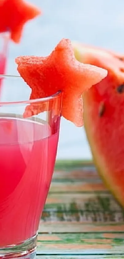Watermelon drink with star-shaped fruit garnish in glass.