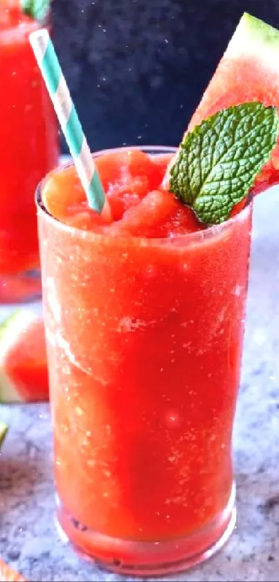 Vibrant red watermelon smoothie with mint, perfect for summer wallpapers.